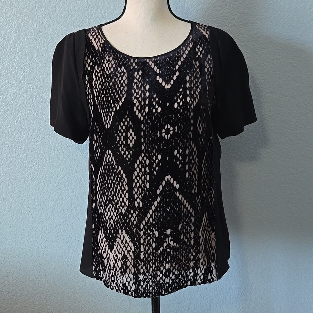 REBECCA TAYLOR Velvet Burnout Silk Snake Print Short Sleeve Top Blouse Sz 10
